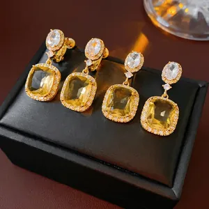 Vintage 18K gold plated earrings with rectangular yellow gemstone and zircon pavé