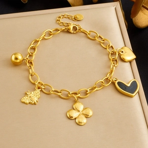 Stainless Steel Gold Plated Charm Bracelet Black Heart Bee Clover Pendants Elegant Fashion Jewelry Gift For Women Girls