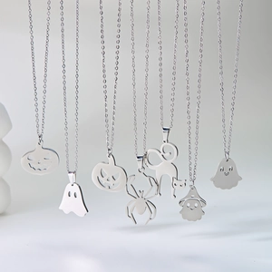 Detailed display of eight silver stainless steel Halloween necklaces with various charms