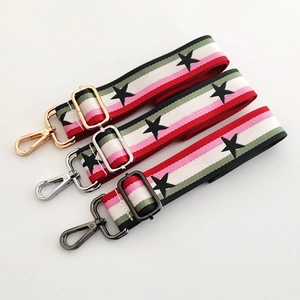 Adjustable striped star pattern strap with gold, silver and black metal hooks