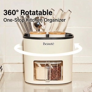Rotating Kitchen Storage Rack Plastic Knife Holder Cutlery Organizer Seasoning Box Spice Jars Drainage Cream White
