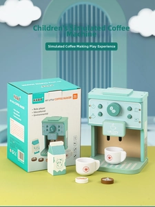 Detailed set of wooden toy coffee maker with cups and milk carton for kids role play