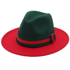 Classic Fedora hat in dark green and red contrast wool felt with wide brim and striped ribbon