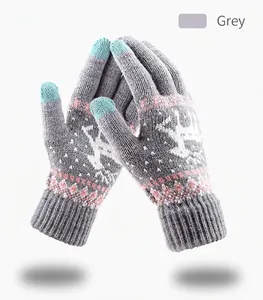 Detail of grey knitted thermal gloves with reindeer pattern and blue touchscreen fingertips