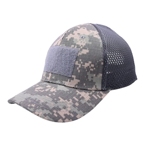 Detail of digital camo tactical cap with breathable mesh and front velcro patch area