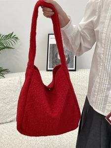 Red fluffy sherpa tote bag for women with large capacity and soft shoulder straps