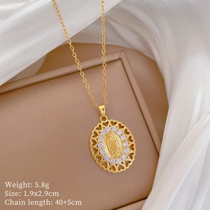Detail view of gold Virgin Mary oval pendant with rhinestones and chain dimensions