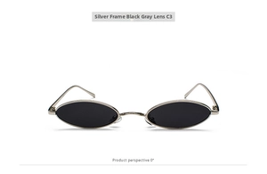 Front detail of oval metal sunglasses with silver frame and dark grey lenses model C3