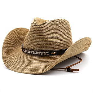 Classic wide brim straw cowboy hat with leather band and adjustable chin strap