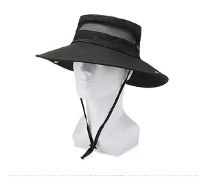 Detail view of black outdoor sun hat with breathable mesh vents and adjustable chin strap