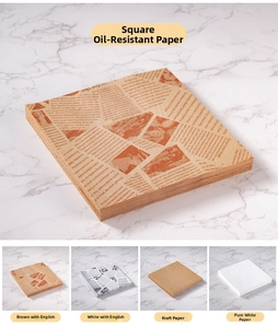 Detail view of square greaseproof food paper sheets in four decorative newspaper patterns
