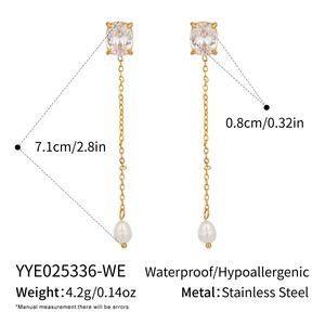 Detail view of pearl tassel earrings with dimensions 7.1cm length and 0.8cm stone diameter