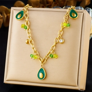 Collier Pendentif Avocat Acier Inoxydable Plaqué Or Émail Vert Charme Fruit Perles Cristal Bijoux Mode Femmes