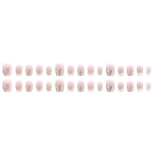 24-piece French nude pink press-on nails with white tips and iridescent glitter shimmer