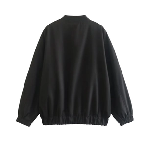 Back view of a black bomber jacket featuring ribbed collar and elastic cuffs on white background