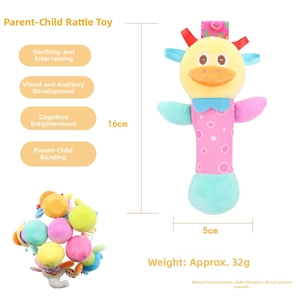 Detail view of plush animal rattle stick showing dimensions 16cm height and 5cm width