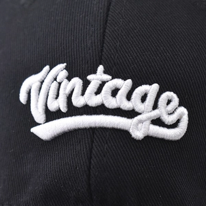 Vintage style black cotton baseball cap with high quality 3D white embroidery