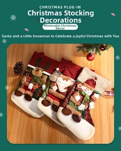 Detailed view of 3D Christmas stockings featuring Santa, reindeer, and snowman designs
