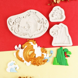 Molde de silicona de dragón chino y olas para decoración de tartas de fondant