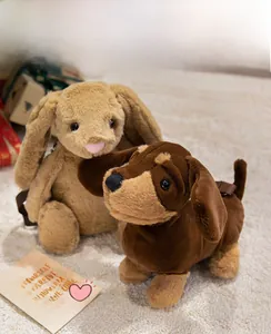 Close-up of a plush brown dachshund and lop-eared rabbit toys on a soft cream rug