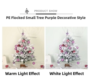 Mini PE flocked Christmas tree with purple ornaments shown in warm and white light