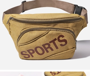 Detail of khaki canvas fanny pack with SPORTS print and double zipper compartment