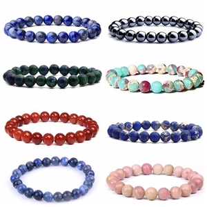 Natural Stone Beaded Bracelet Elastic Round Beads Handmade Jewelry For Women Men Boho Style Lapis Lazuli Agate Hematite