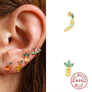 S925 sterling silver fruit stud earrings featuring pineapple and watermelon designs with zircons