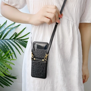 Crossbody black PU leather case with floral mandala embossing for Samsung Z Flip