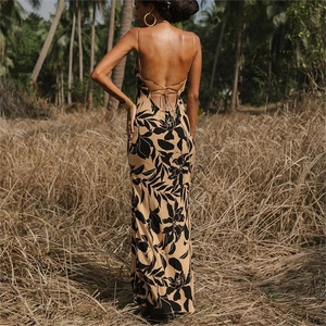Detail of the elegant backless tie-up design and floral print on this long summer dress
