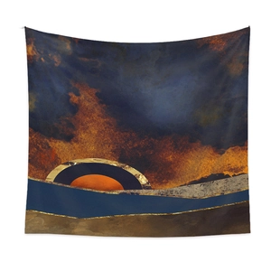 Detail of abstract landscape tapestry with blue mountains and red sun in modern art style