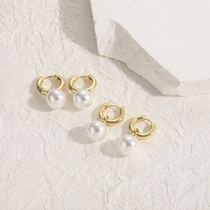 Bohemian 14K gold plated hoop earrings with elegant white pearls and zircon accents