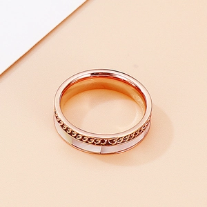 Detail view of rose gold stainless steel ring with white inlay and chain texture