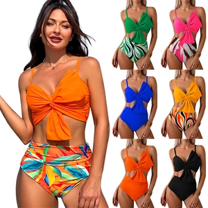 Women Bikini Swimsuit Top And Bottoms High Waisted Tummy Control Bow Knot Front Nylon Spandex Beachwear