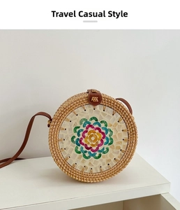 Detail of round straw shoulder bag with colorful shell mosaic and brown leather strap