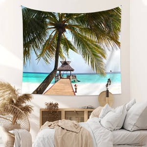 Tapisserie bohème avec plage tropicale, palmiers et ponton en bois sur le mur de la chambre