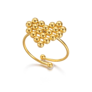 Golden heart-shaped open ring crafted from stainless steel with polished sphere beads
