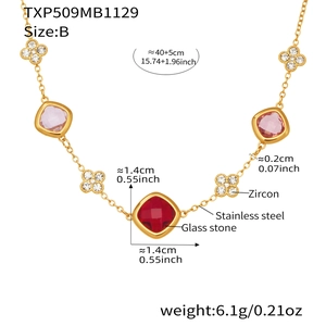 Detail of stainless steel necklace with red glass stone and zircon dimensions