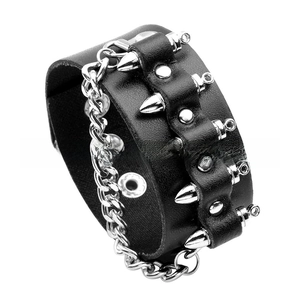 Detail of punk black leather bracelet with silver metal chains and bullet studs