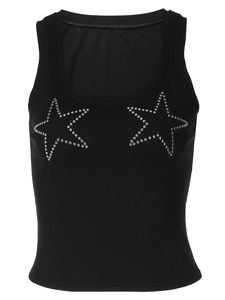 Women's black ribbed knit tank top featuring two sparkling rhinestone star patterns