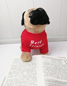 Detail of red French Bulldog T-shirt featuring Best Friends text on a pug plush toy