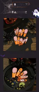 Detailed view of Halloween press-on nails featuring pumpkin, ghost, and spider 3D motifs