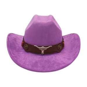 Purple suede cowboy hat featuring a leather band with a vintage silver bull head ornament