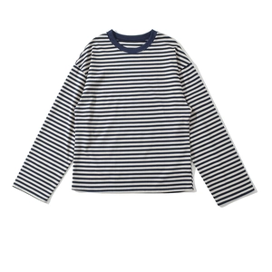 Women's American casual long-sleeved striped T-shirt with navy blue crew neck and knit fabric