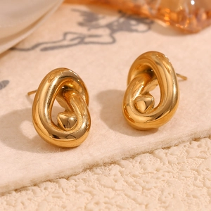 Minimalist 18K gold plated stainless steel knot earrings with small heart detail