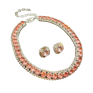 Sparkling pink crystal necklace and square earring jewelry set in polished silver finish