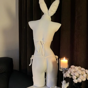 White rabbit cosplay lingerie set with knit bodysuit, ears, neckband and stockings