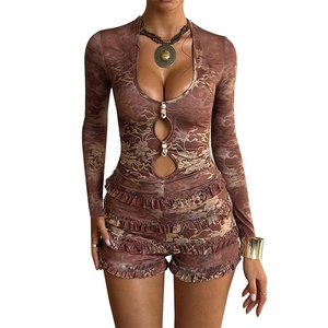 Women's deep V-neck long sleeve floral print romper with hollow-out and pearl button detail
