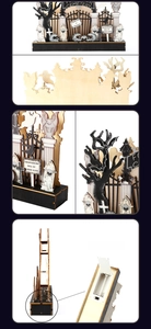 Detailed views of multi-layer wooden Halloween graveyard decor with battery compartment