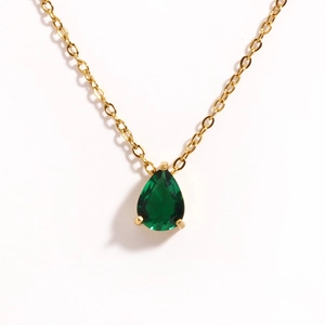 Gold stainless steel necklace featuring a green pear-cut zircon May birthstone pendant
